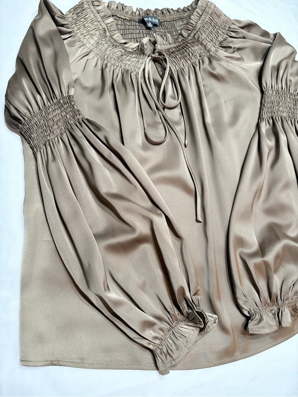 That delicious Olive GreenTaupe Satin Smocked Neck Peasant Blouse.